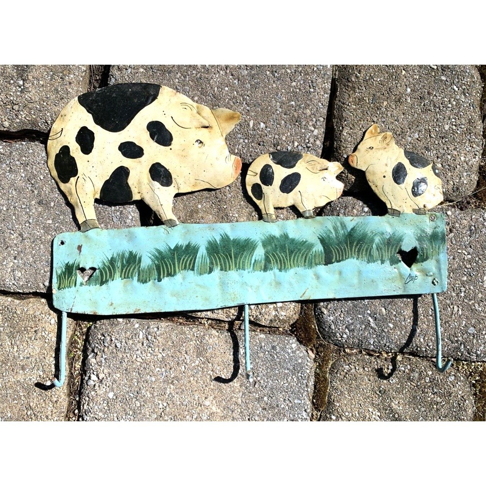 Three Pigs Hanging Hooks Hand Painted Metal Wall Decor Farm Country 15"x12"